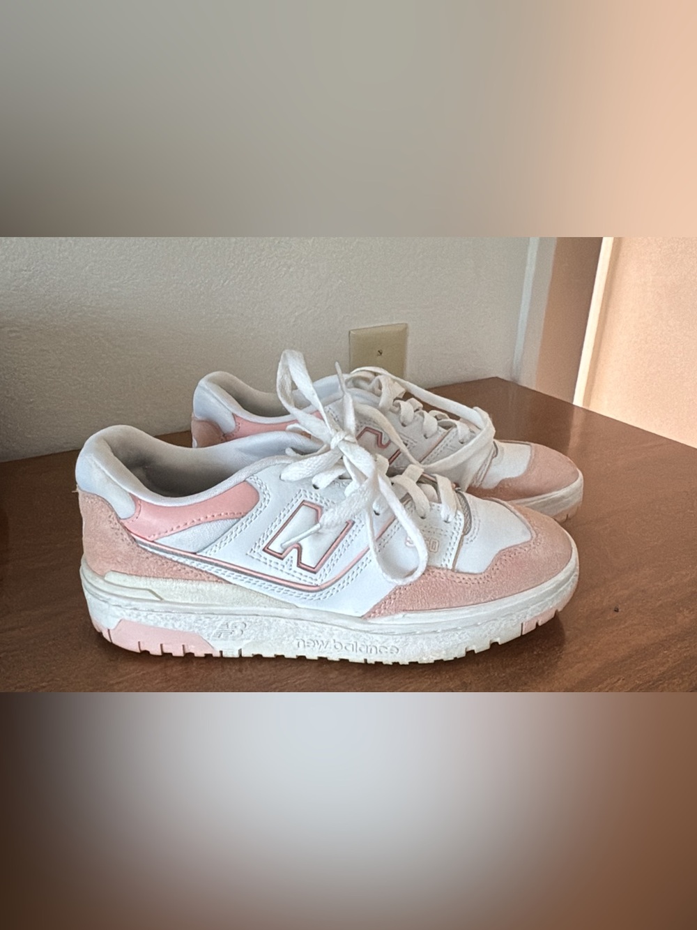 New Balance White and Blush Pink Leather Sneakers